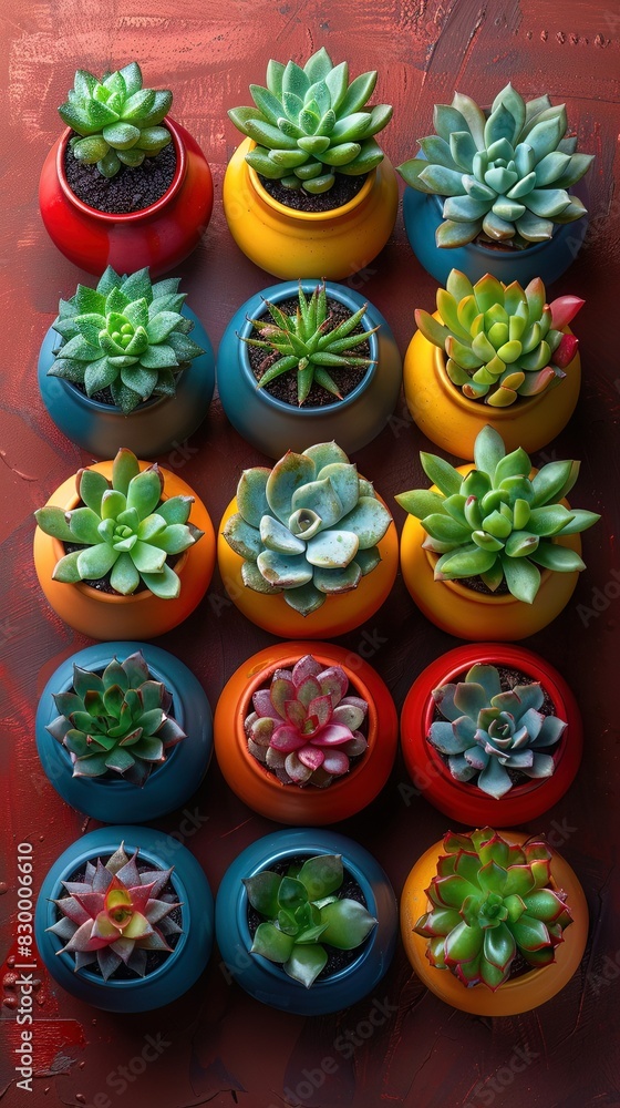 Baby succulent collection in colorful pots, vibrant background, ideal for trendy home decor ideas