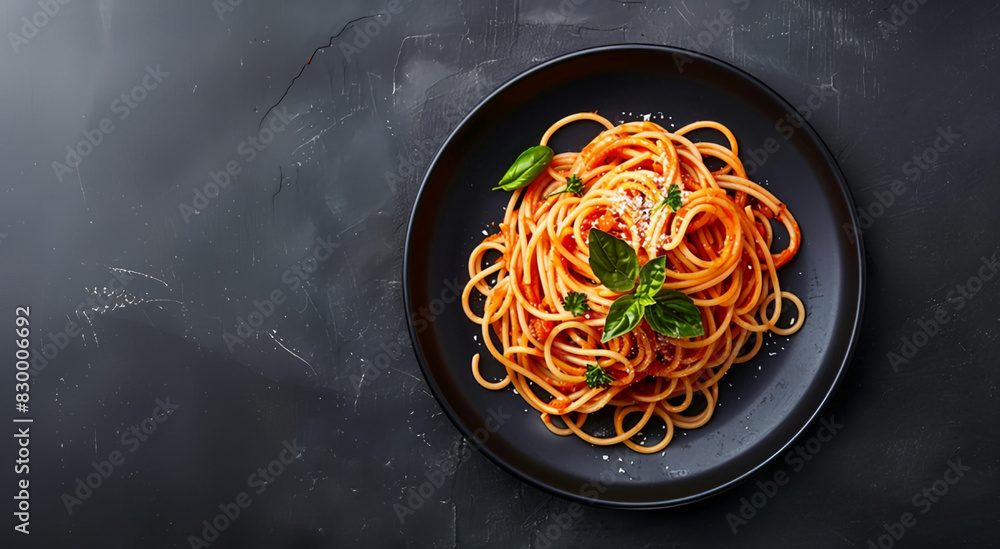 Tasty spaghetti with shrimp and veggies on black background, bird’s eye view Tasty spaghetti with shrimp and veggies on black background, bird’s eye view