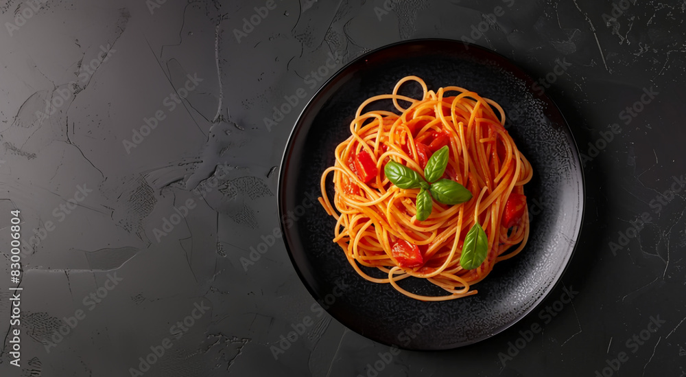 Tasty spaghetti with shrimp and veggies on black background, bird’s eye view Tasty spaghetti with shrimp and veggies on black background, bird’s eye view
