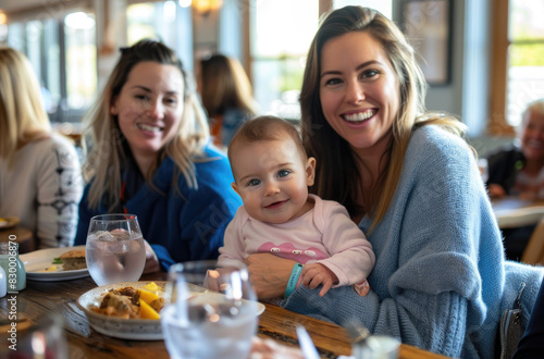 an adorable baby girl in a pink onesie  sitting on her mother s lap at a table with two women smiling nearby
