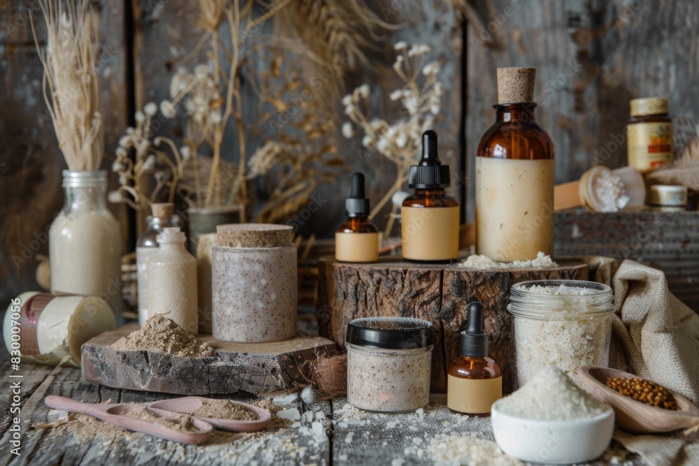 Homemade Skincare Products in Reusable Containers with Rustic Backdrop for Sustainable Beauty Solutions Homemade Skincare Products in Reusable Containers with Rustic Backdrop for Sustainable Beauty Solutions