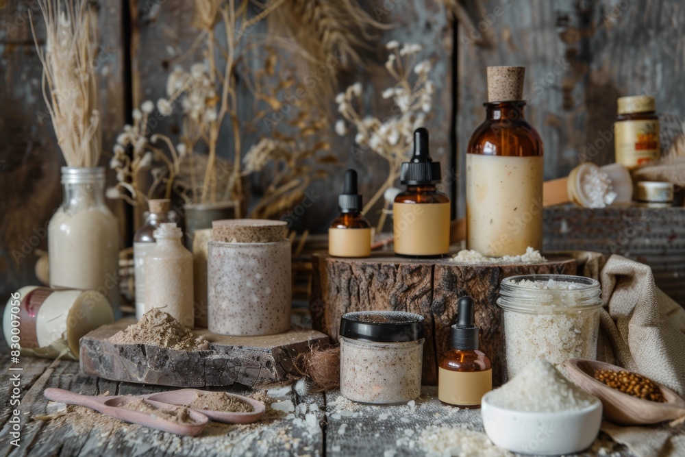 Homemade Skincare Products in Reusable Containers with Rustic Backdrop for Sustainable Beauty Solutions