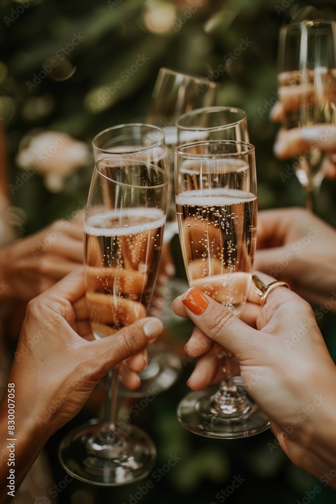 Closeup of a group toast with champagne glasses, capturing the clinking and shared joy, perfect for social celebration moments