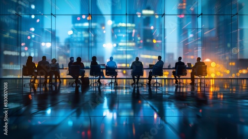 A group of people are sitting at a table in a room with a city view