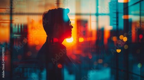A man is sitting in a window looking out at the city
