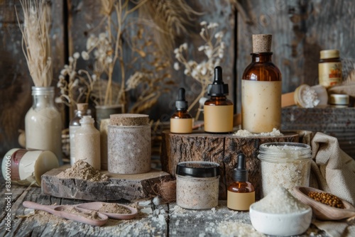 Homemade Skincare Products in Reusable Containers with Rustic Backdrop for Sustainable Beauty Solutions