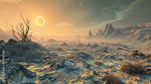 A science fiction background depicting the barren landscape of an alien world, with jagged mountains and barren plains stretching as far as the eye can see photo
