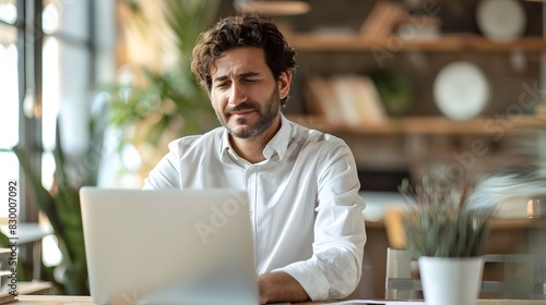 Tired young office worker with glasses, suffering from back pain, sitting at desk with laptop, indoor home office