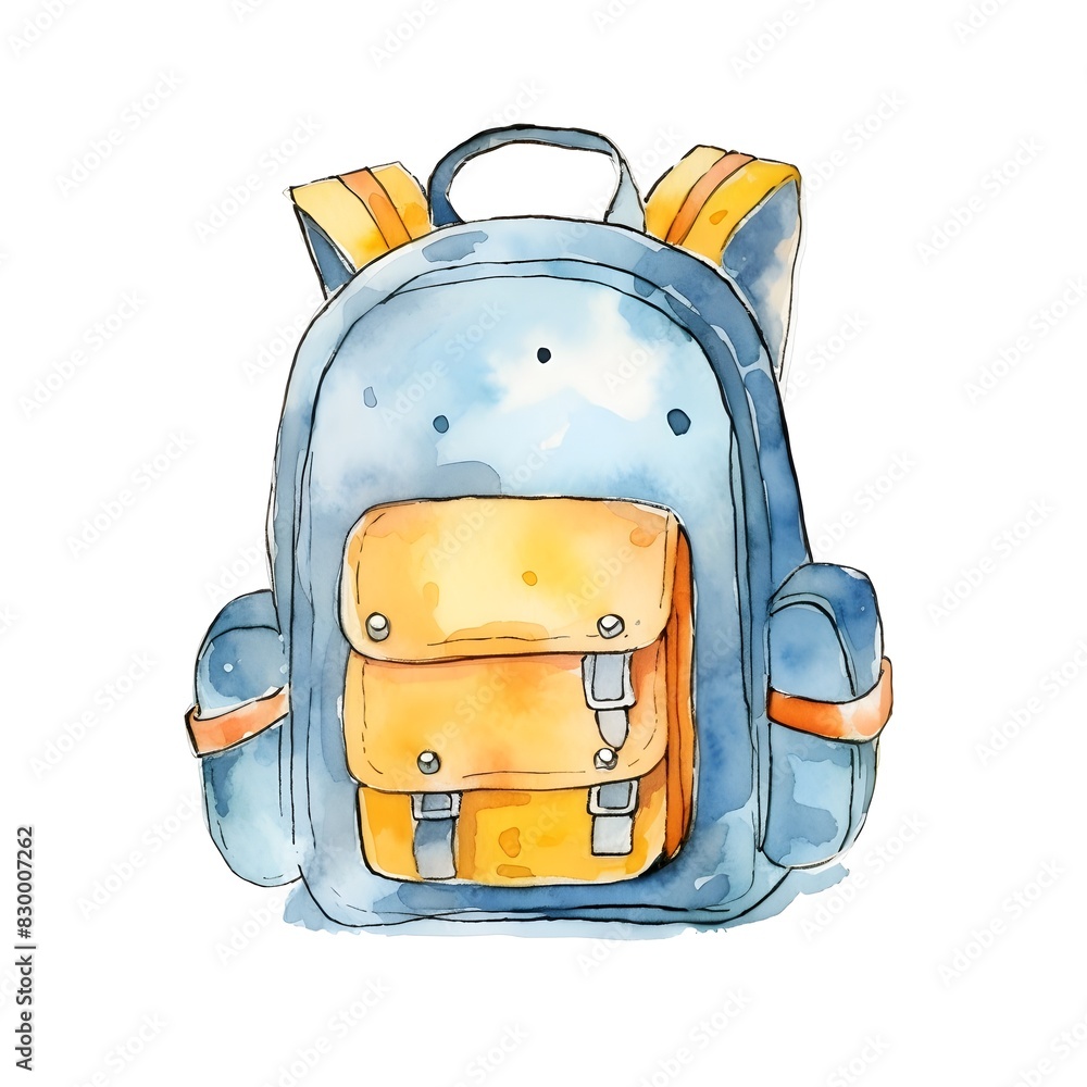 Fototapeta premium Whimsical Watercolor of Patterned Kids Backpack with Blue and Yellow Accents