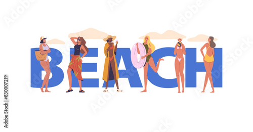 Beach Concept With Group Of Women Enjoying A Sunny Day. Female Characters In Summer Attire, Radiating Happiness