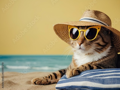 cat using sunglasses relaxing summer background