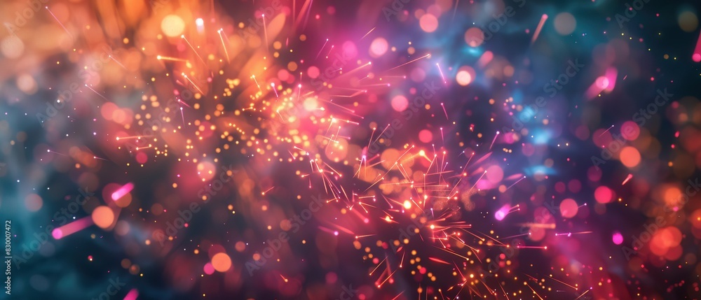 Obraz premium Closeup of fireworks exploding in the night sky, emphasizing the vibrant colors and patterns, suitable for New Years Eve events