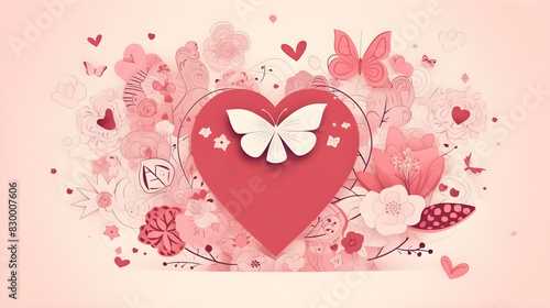 Heart and Butterfly Papercraft with Floral and Love Elements in Soft Pink Tones Creating a Romantic and Artistic Design
