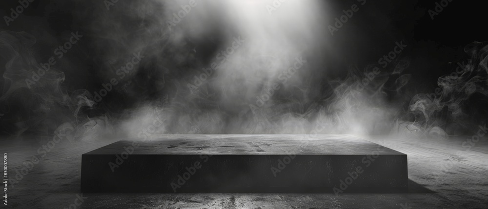 Black stone podium with white spotlight and smoke.