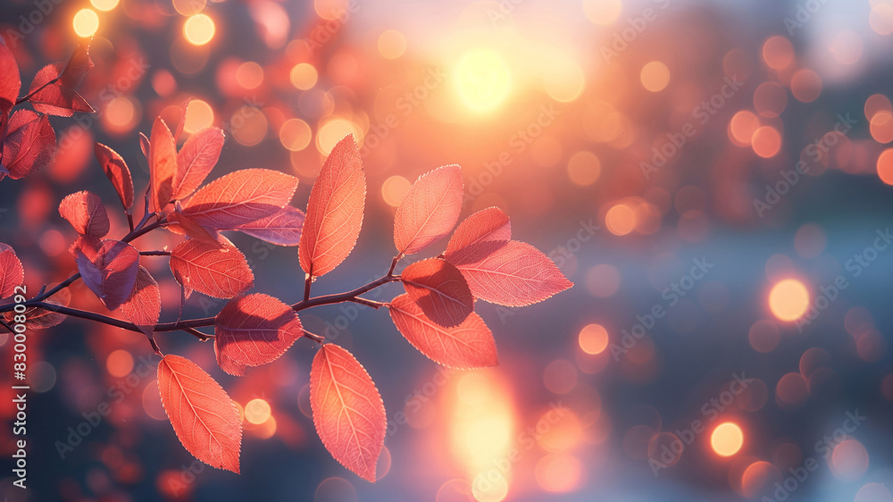 Glowing Autumn Leaves Against Soft Bokeh Sunset, Dreamy Fall Landscape For Seasonal Stock Imagery Background