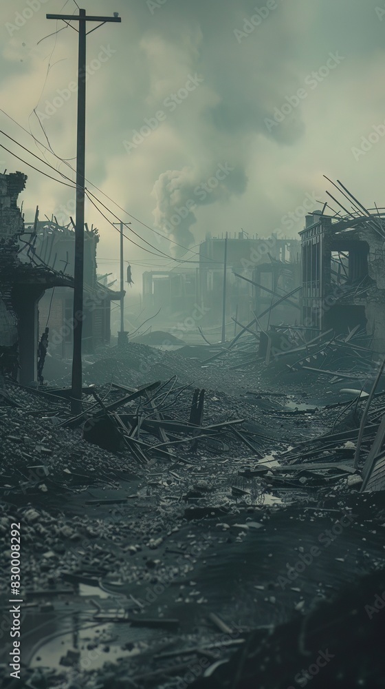 Obraz premium Deserted town covered in ash and chemical fallout, with remnants of life interrupted, haunting silence