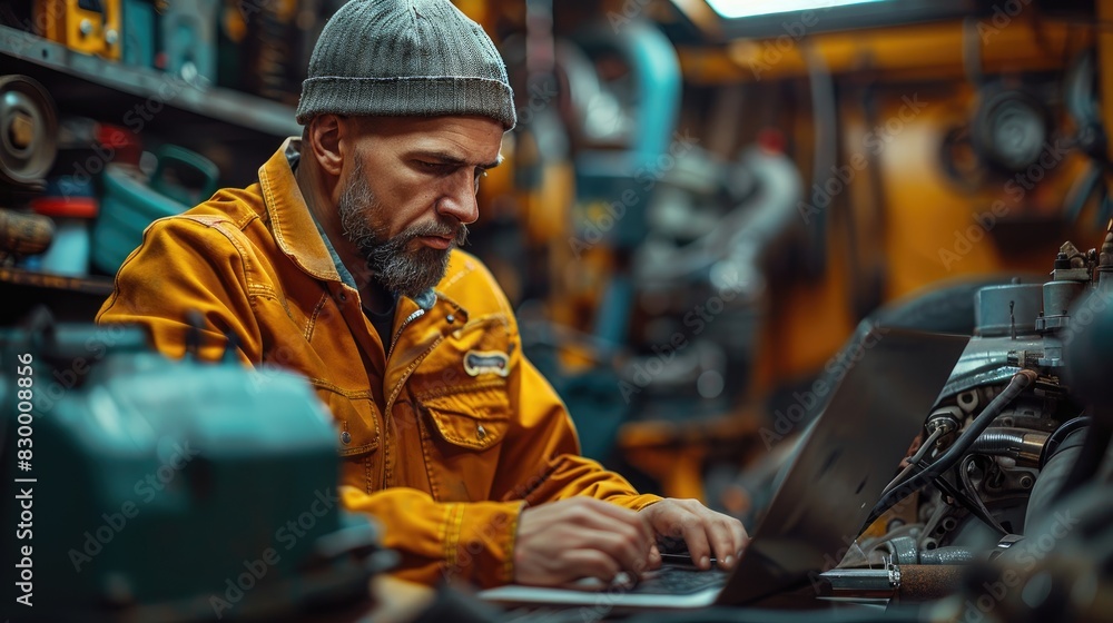 Auto mechanic using laptop while working on car diagnostic in garage, Modern car diagnostic program. Professional mechanic repairs truck engine. ai generative Auto mechanic using laptop while working on car diagnostic in garage, Modern car diagnostic program. Professional mechanic repairs truck engine. ai generative