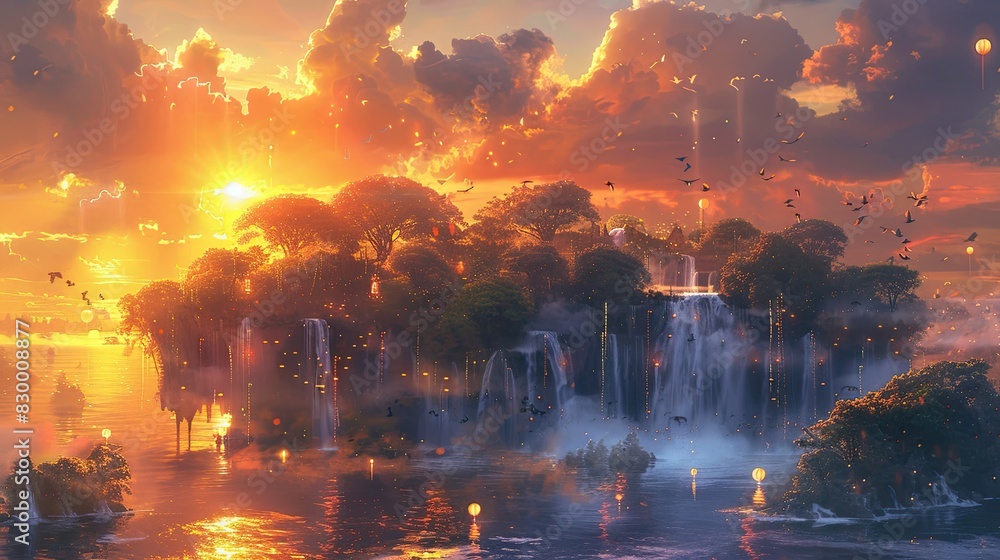 A photo of a floating island with cascading waterfalls, a golden sunset with flying creatures and floating lantern