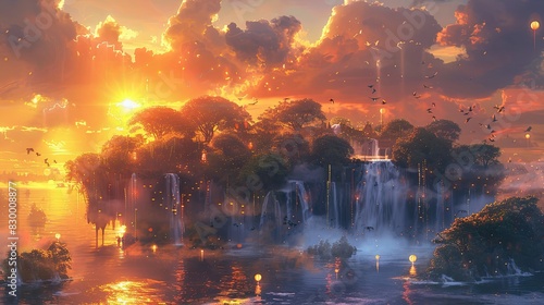 A photo of a floating island with cascading waterfalls  a golden sunset with flying creatures and floating lantern