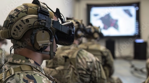 Soldiers using virtual reality headsets for training and simulation in a military setting.
