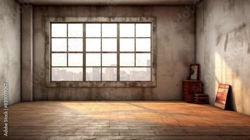 Empty rustic old room with large window and dirty walls in an apartment or studio with a cityscape background