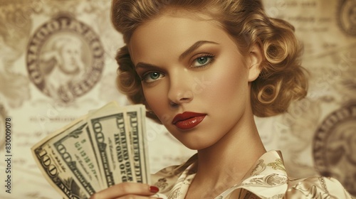 Vintage woman holding cash  sepia tones  retro illustration  nostalgic feel 8K   high-resolution  ultra HD up32K HD