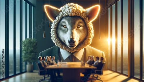 Conceptual image of a wolf in sheep's clothing in a corporate meeting room, representing deception in business. photo