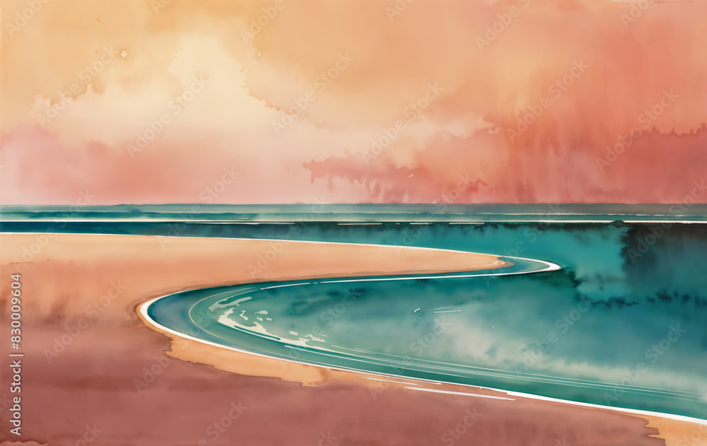 Minimalistic ocean sunset and sandy beach watercolor like illustration with calming orange and brown colors of dusk
