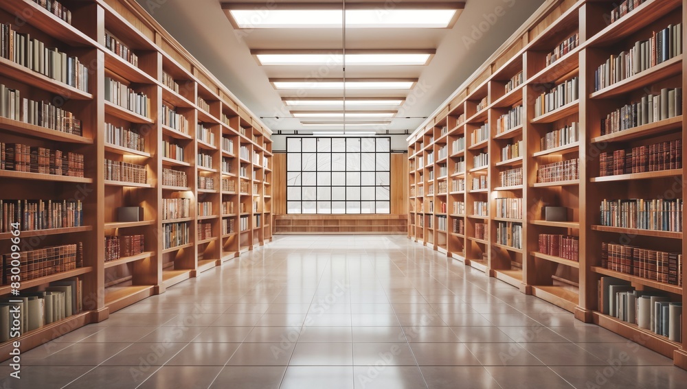 Frontal view of empty, clean library interior with rows of bookshelves Frontal view of empty, clean library interior with rows of bookshelves