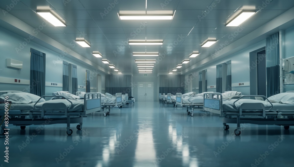 Obraz premium Frontal view of empty, immaculate hospital ward with beds and medical equipment