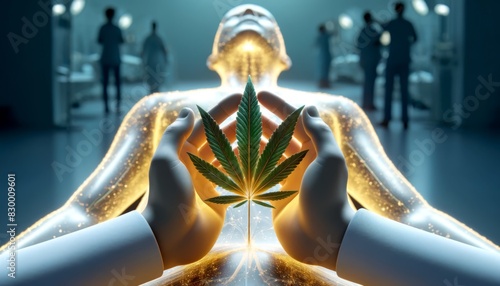Futuristic medical concept featuring cannabis leaf and advanced technology, highlighting the intersection of science and alternative medicine. photo