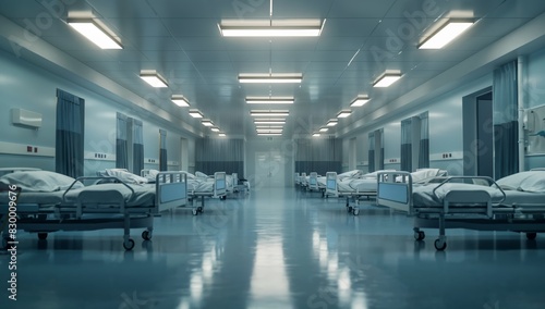 Frontal view of empty, immaculate hospital ward with beds and medical equipment photo