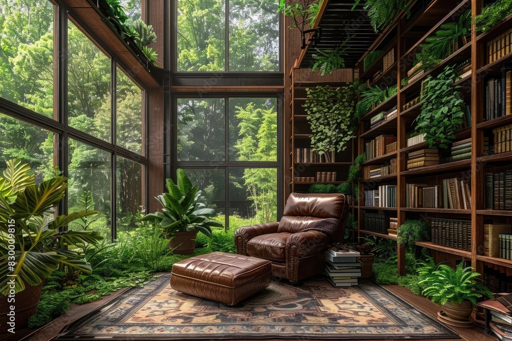 Cozy reading nook in a luxurious home library with large windows, lush ...