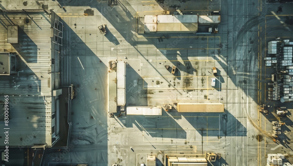 Overhead view of empty, spotless logistics hub with loading docks Overhead view of empty, spotless logistics hub with loading docks