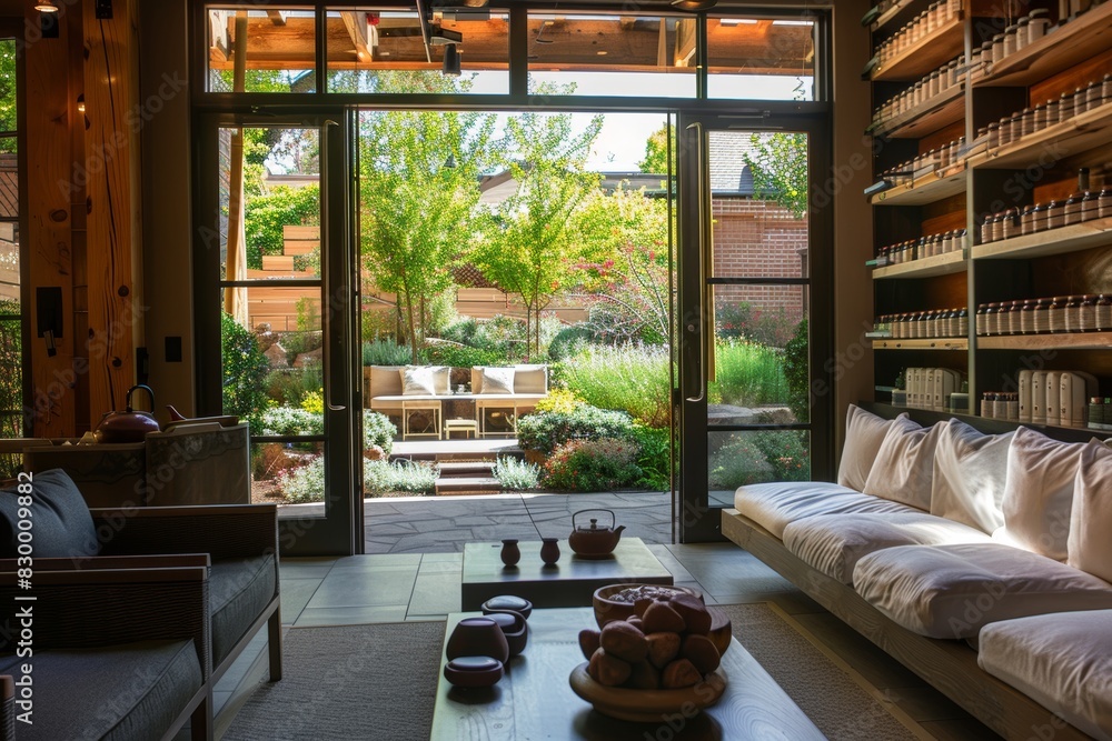 Herbal Tea Area in Tranquil Spa with Organic Teas and Meditative Garden View for Relaxation
