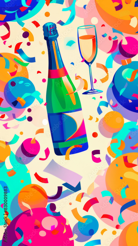 Naklejka premium Lottery winner celebration background in vibrant colors, featuring a joyful pattern with balloons and confetti, champagne bottle and glass, 