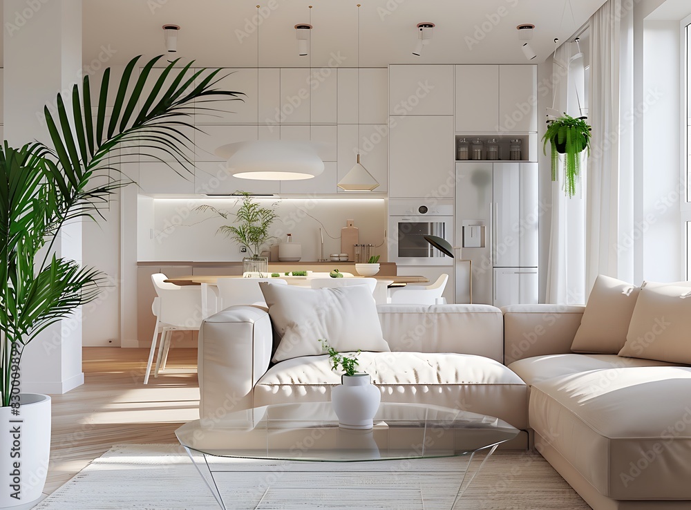 Modern living room with white walls and a light wooden floor, a beige sofa in front of a glass Modern living room with white walls and a light wooden floor, a beige sofa in front of a glass