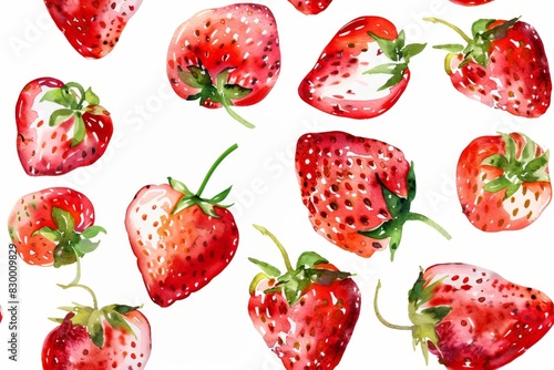Seamless pattern with strawberries and leaves. Watercolor painting.