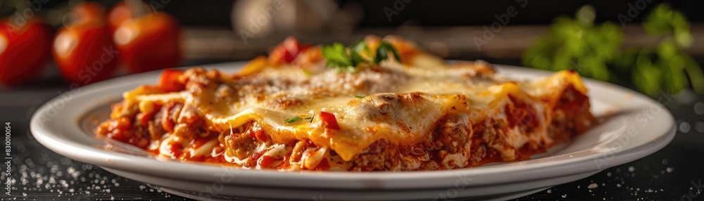 Delicious homemade lasagna served on a white plate with tomato and parsley garnish, perfect for Italian cuisine enthusiasts. Delicious homemade lasagna served on a white plate with tomato and parsley garnish, perfect for Italian cuisine enthusiasts.