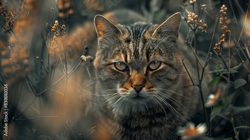 close up of a prretty cat in the park, beautiful kitten in the grass, portrait of a cat © Gegham