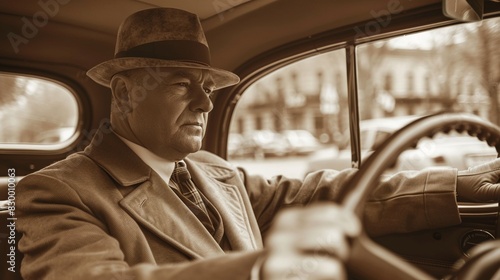 Vintage man in a car, sepia tones, retro illustration, nostalgic feel 8K , high-resolution, ultra HD,up32K HD photo