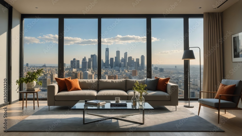 Fototapeta premium Modern living room with panoramic floor-to-ceiling windows showcasing a breathtaking city skyline view. Cozy ambiance with stylish furniture and decor.
