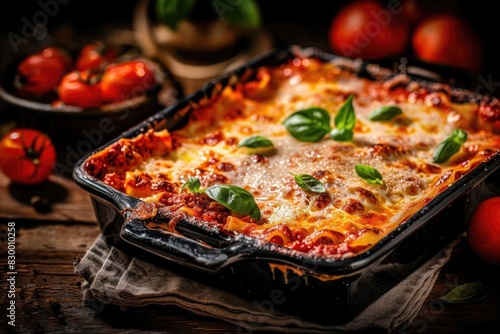 Delicious homemade lasagna baked to perfection  garnished with fresh basil leaves  surrounded by ripe tomatoes on a rustic wooden table.