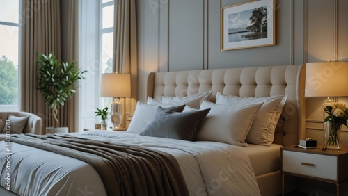 Elegantly decorated bedroom with a tufted headboard, accessorized with cozy pillows and a throw, creating a tranquil ambiance with soft lighting and modern decor. photo