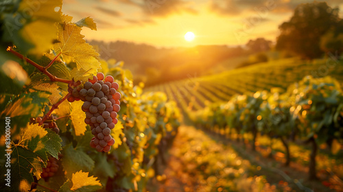 Lush Vineyard Sunset With Ripe Grapes And Rolling Hills, Golden Hour Landscape, Idyllic Countryside Scene, Autumn Harvest, Warm Glow, Serene Agricultural Beauty, Tranquil Evening Horizon