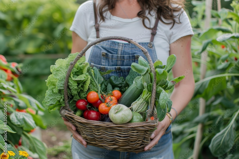 Organic Harvest: Woman with Basket of Fresh Vegetables and Fruits in Sunlit Garden Organic Harvest: Woman with Basket of Fresh Vegetables and Fruits in Sunlit Garden