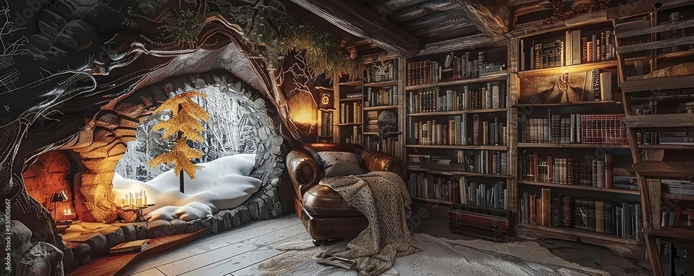 Naklejka premium Cozy library nook with armchair, blanket, and snow outside the window. Perfect for reading during winter. Warm lighting and wooden shelving.