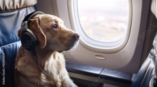 A dog wearing headphones in an airplane seat. pet travel.