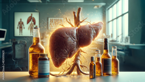 Illustration of a human liver surrounded by alcohol bottles, highlighting the impact of alcohol on liver health in a medical context. photo