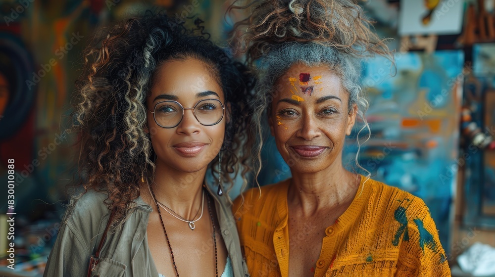 Obraz premium Cheerful middle aged woman with Young artist woman attend a painting workshop together and have fun. happy and cool smile on face showcasing their creative bond. Generative AI